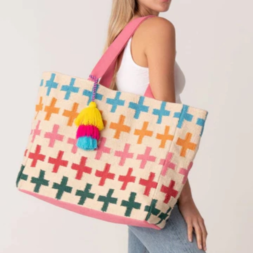 NWT Large Multi Color Woven Carpet Tote Bag with Tassel